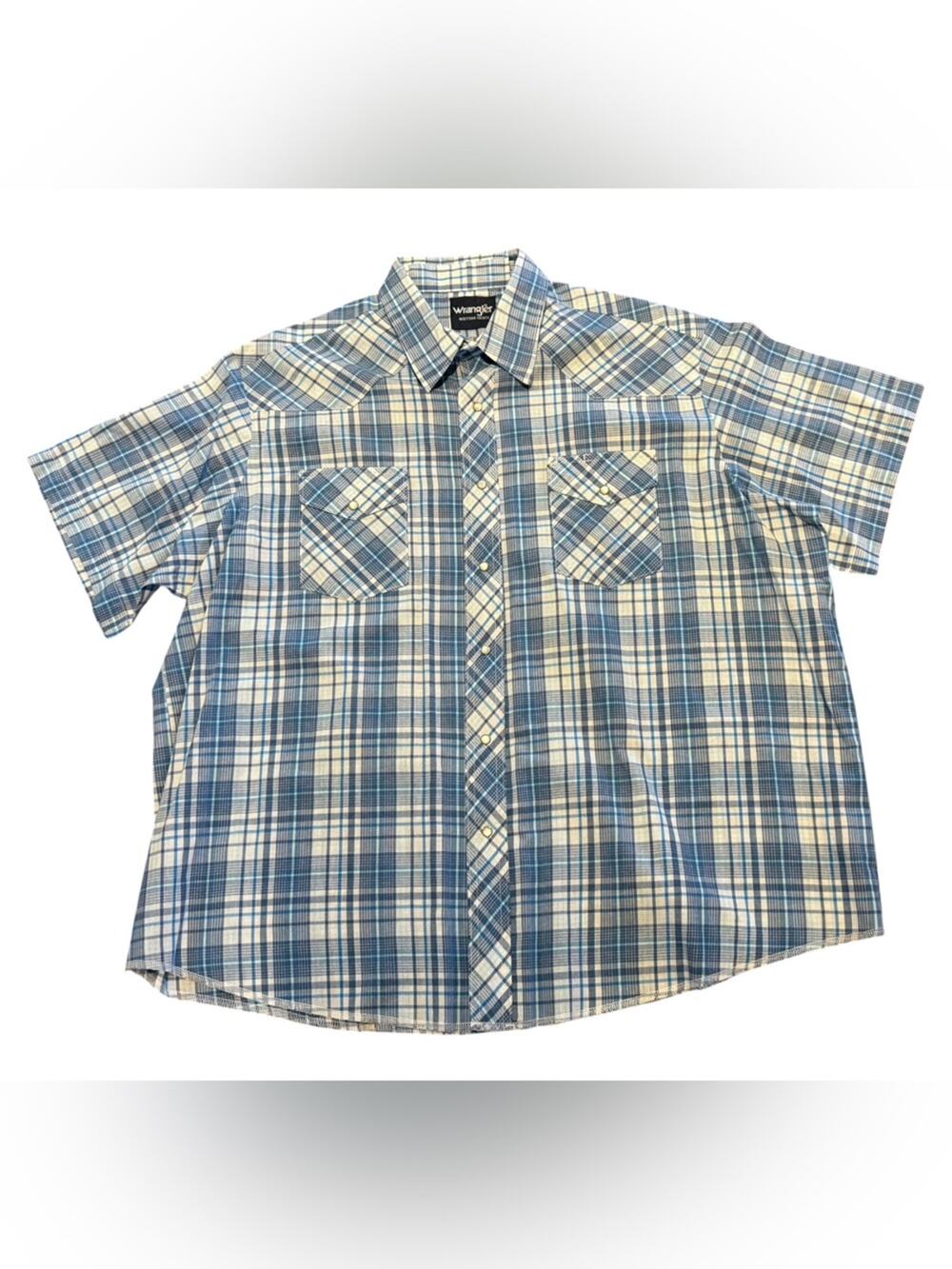 Wrangler Men’s 2XL Light Blue & White Plaid Short-Sleeve Pearl Snap Shirt